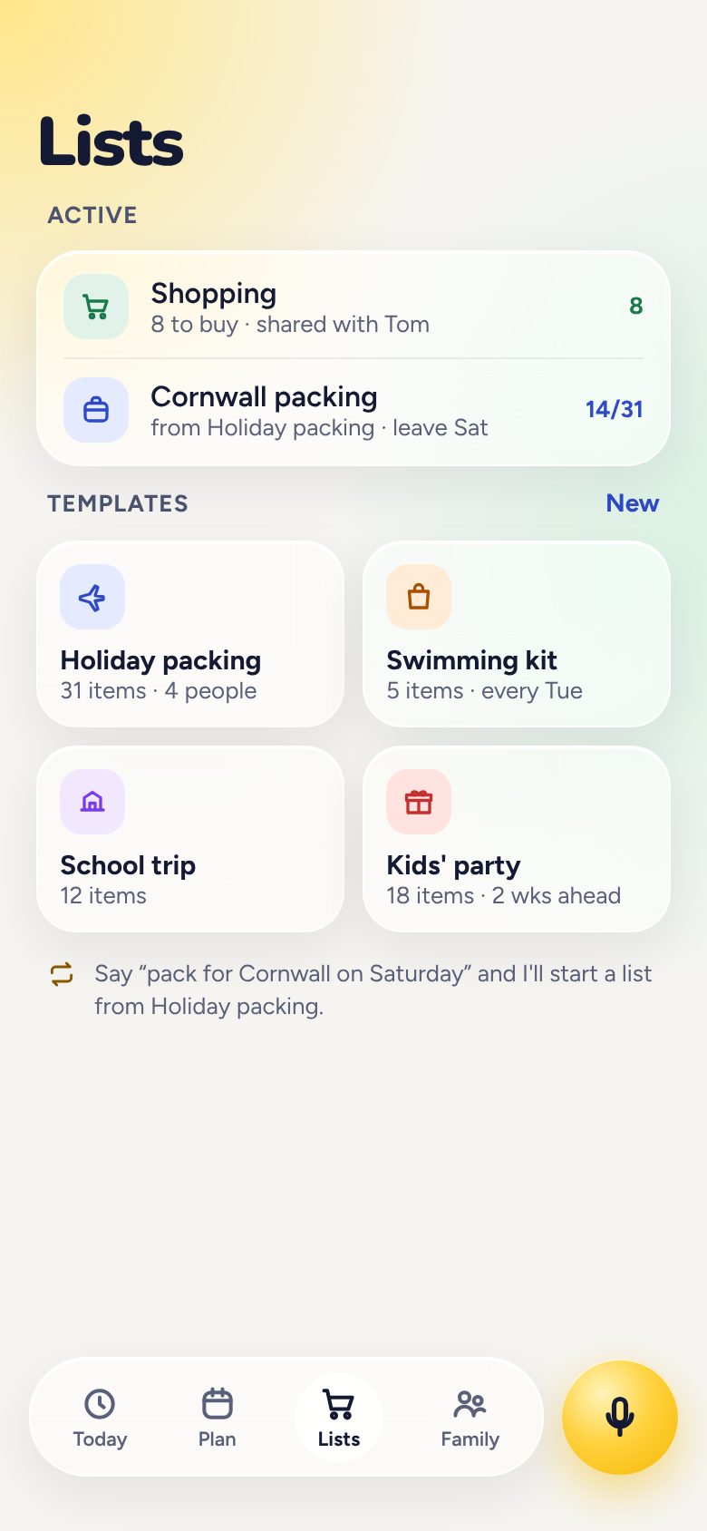 Kinify Lists and templates screen